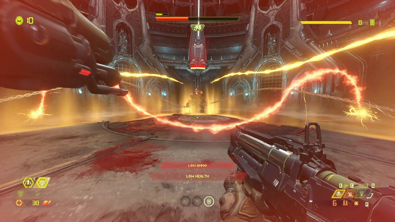 The Doom Slayer, fighitng the Gladiator boss, with low health and low ammo warnings flashing