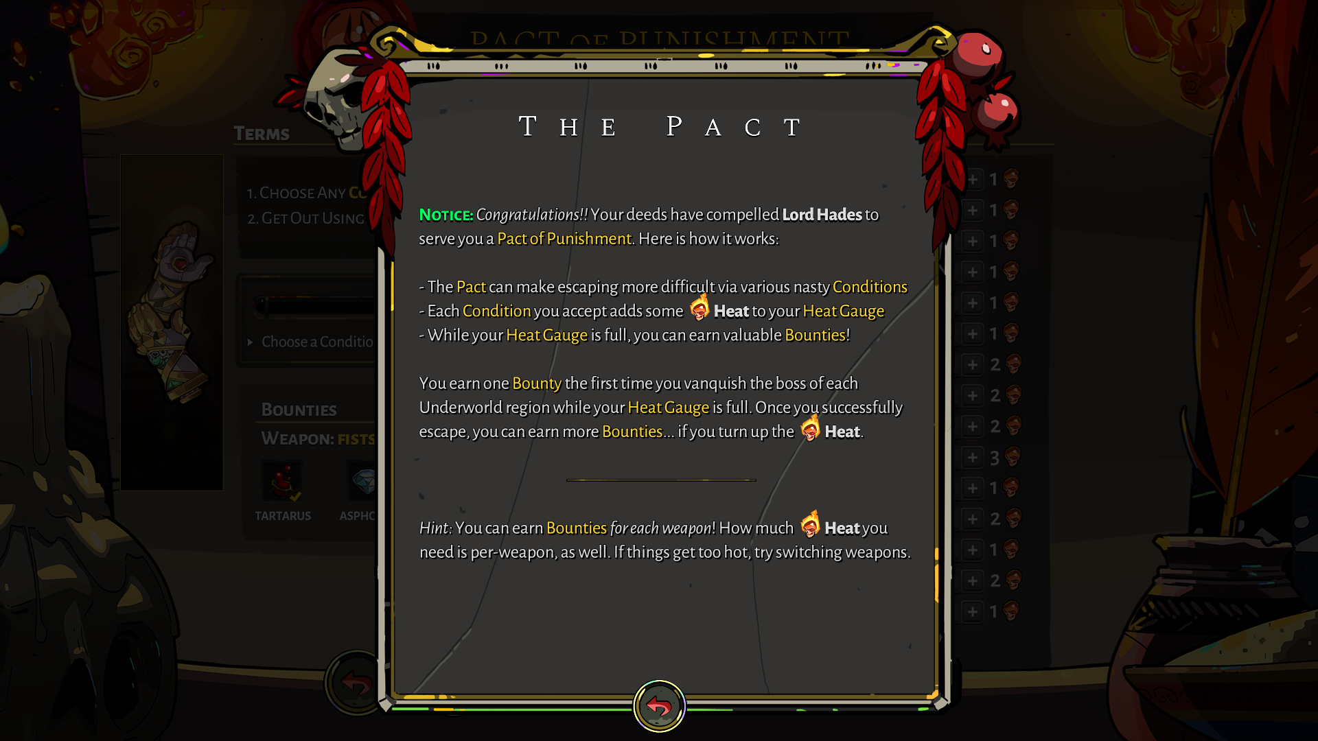 A screen prompt that introduces and explains how the Pact of Punishment works.