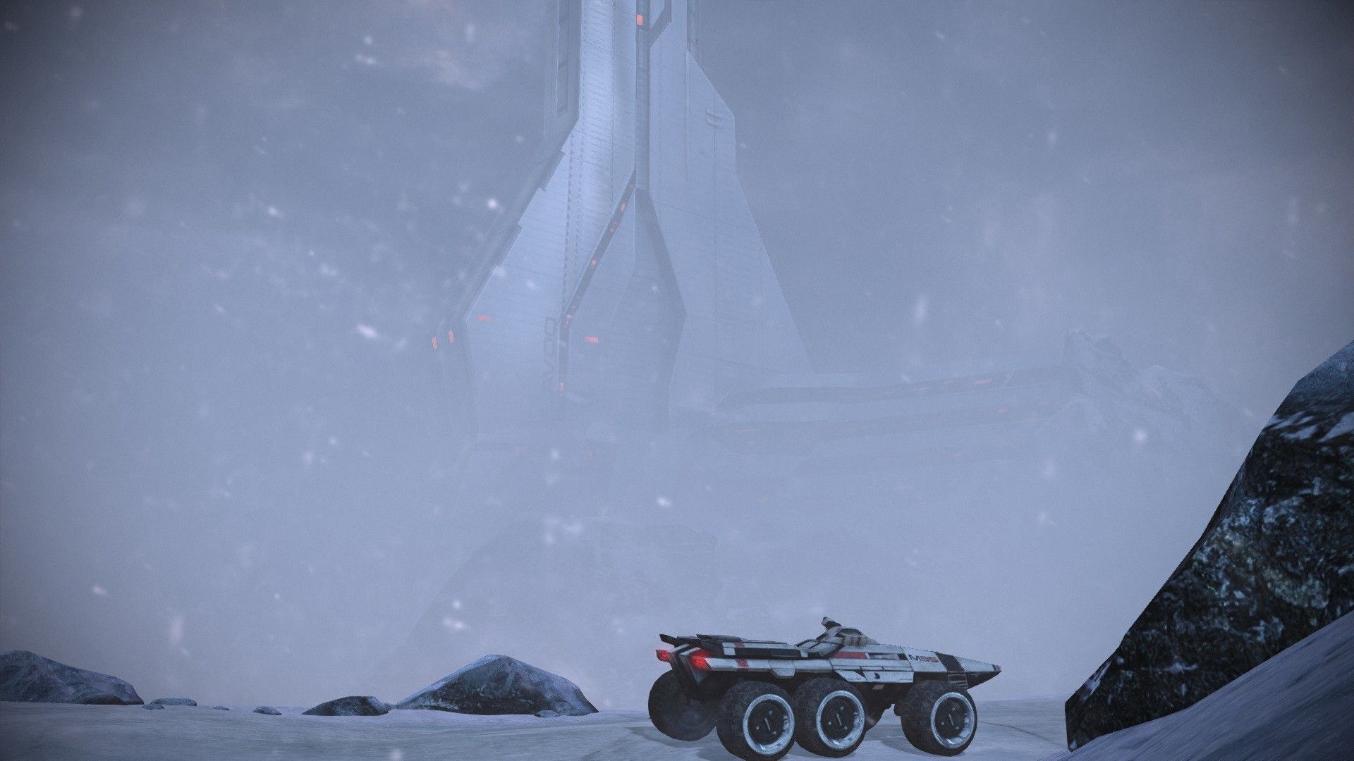 The Mako, the on-the-ground all terrain vehicle, on Noveria outside of one of it's science facilities