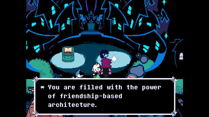 Kris, Susie, Ralsei and their friend Lancer in the Castle Town area save point, with the prompt making a reference to Undertale.