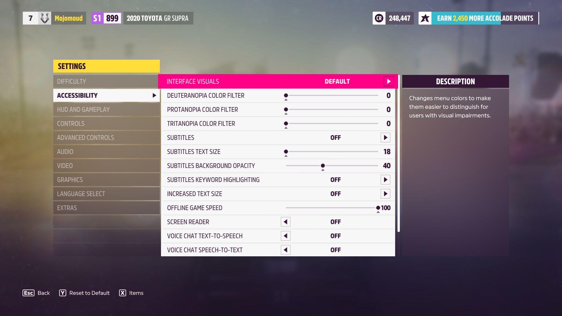 The Accesssibility menu, which allows for different settings to let the player play the game in a manner that's most comfortable to them.