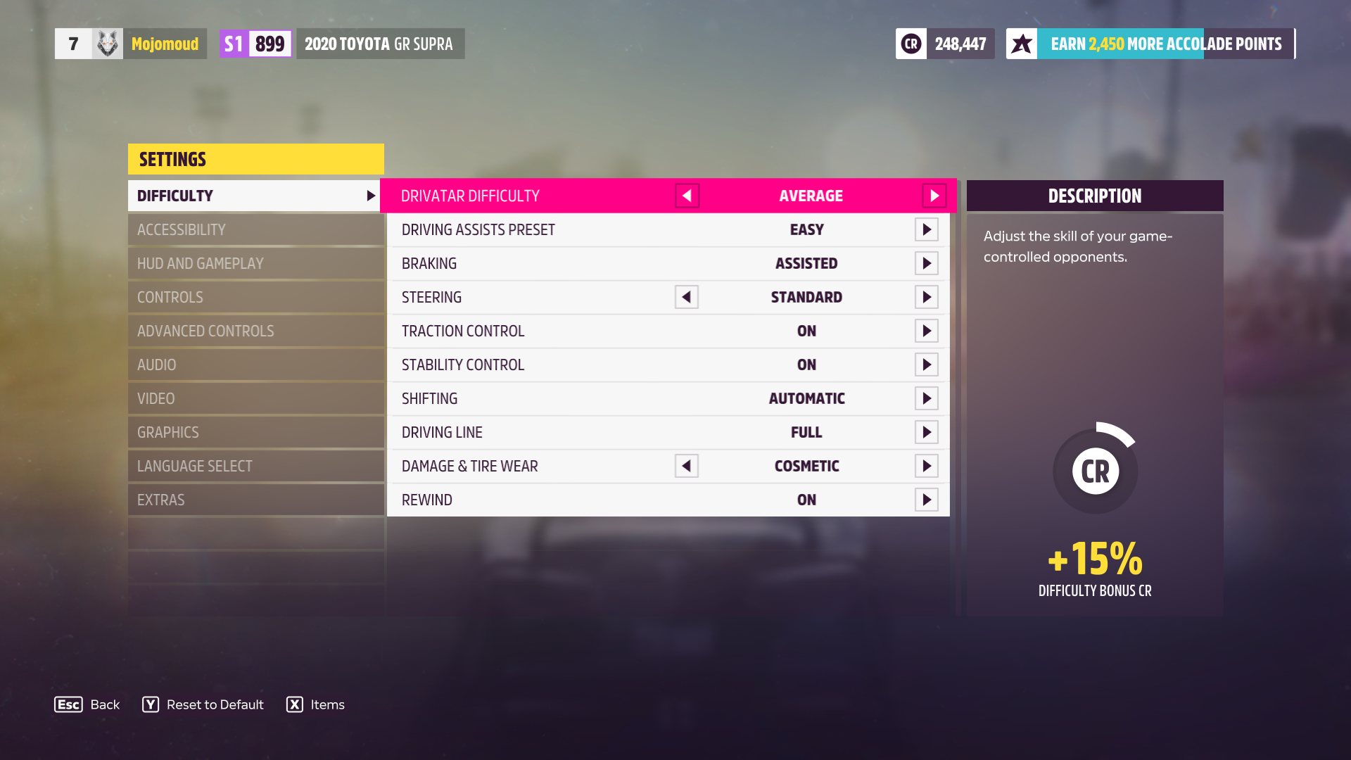 The drive assist and difficulty menu