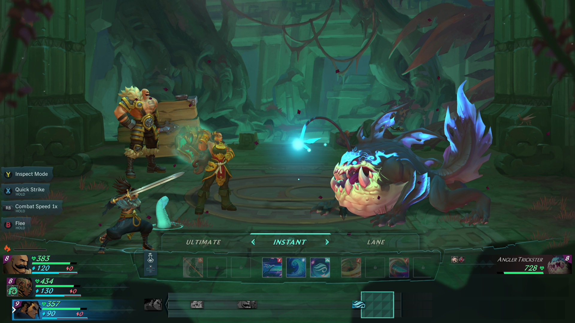Yasuo, Braum and Illaoi fighting a Trickster Angler, a shapeshifting enemy