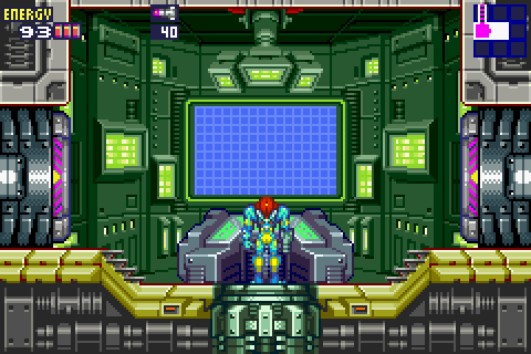 Samus in front of a navigation room's computer, about to recieve a breifing.