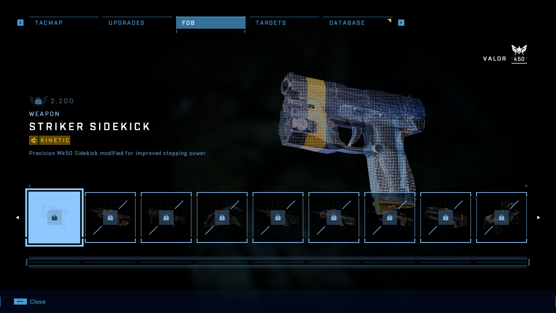 The Forward Operating Base menu, showcasing variants of all the UNSC weapons available in the game