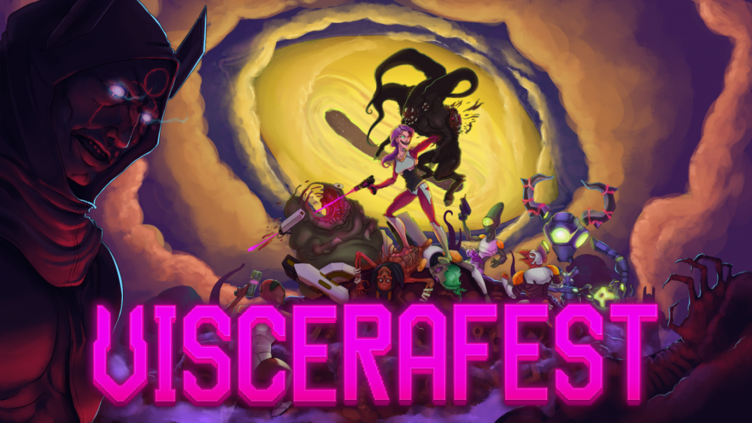 Main menu screen for Viscerafest, with protagonist Caroline violently dispatching alien enemies