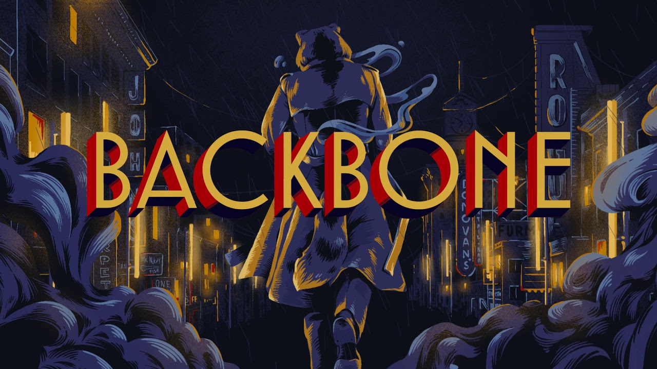 Main promotional art for Backbone, with the player character Detective Howard Lotor