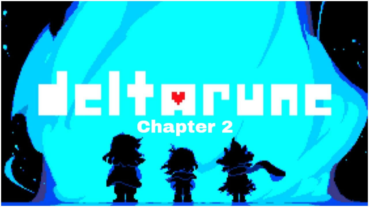 image of Deltarune chapter 2, with the three main charaters looking at a gyser of blue fire.