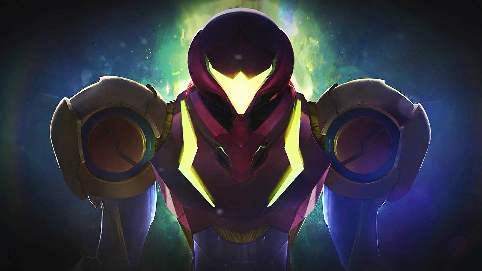 Samus Aran in her Dread Suit's Varia Suit mode looking directly at the camera