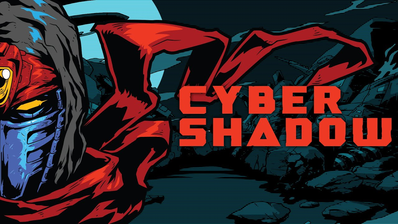 Main promotional art for Cyber Shadow, with the player charater showing half his face.