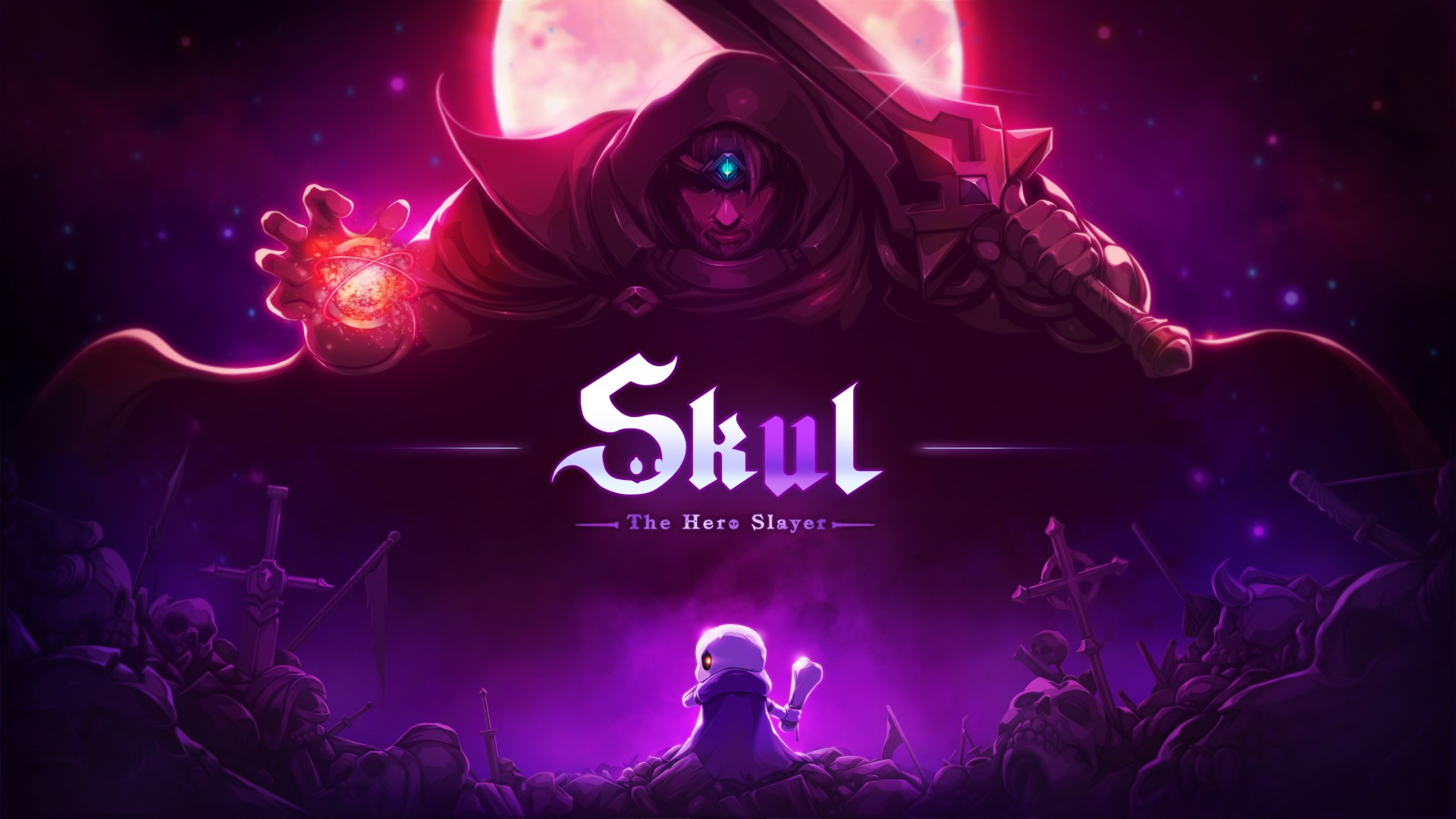 Main promotional art of Skul the Hero Slayer; with the titual Skul fighting off the First Hero