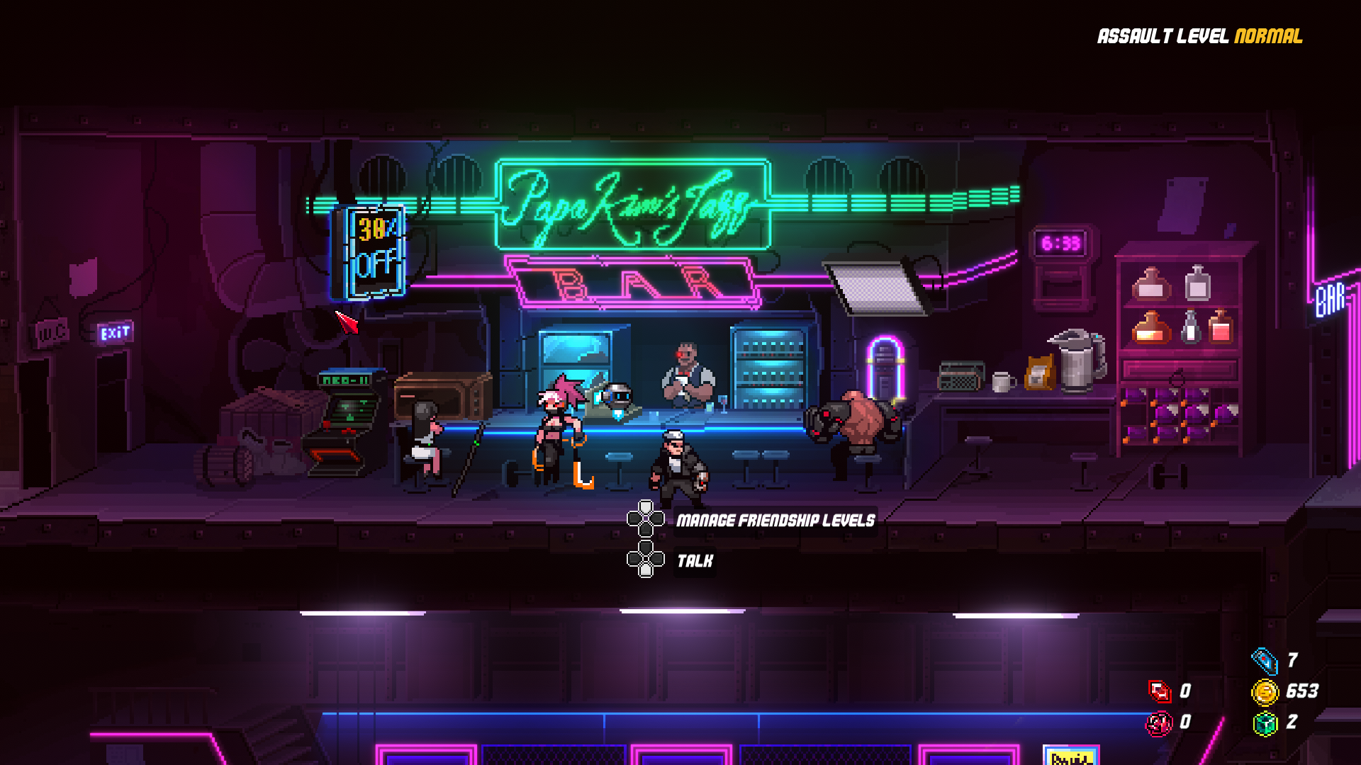 The player characters of Kil, Darcy, Jenny, and Jett chilling at the bar in the resistance base