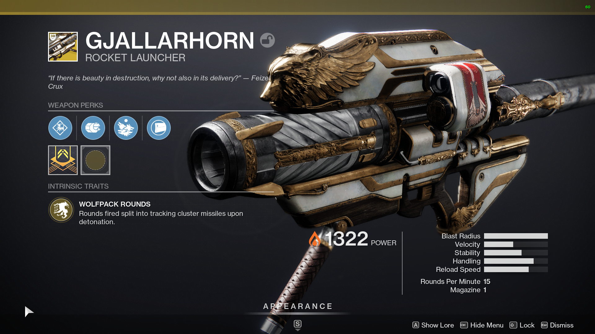 A close up of the Exotic rocket launcher, Gjallarhorn
