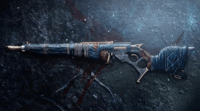 The exotic scout rifle Dead Man't Tale, with the Funeral Wrap ornament equipped