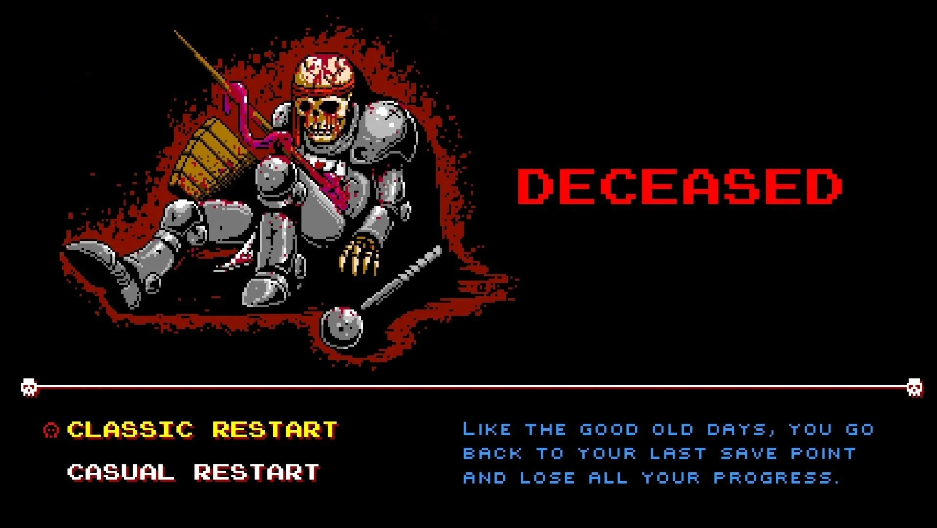 The Game Over screen, depicting a dead player rather viscerally.