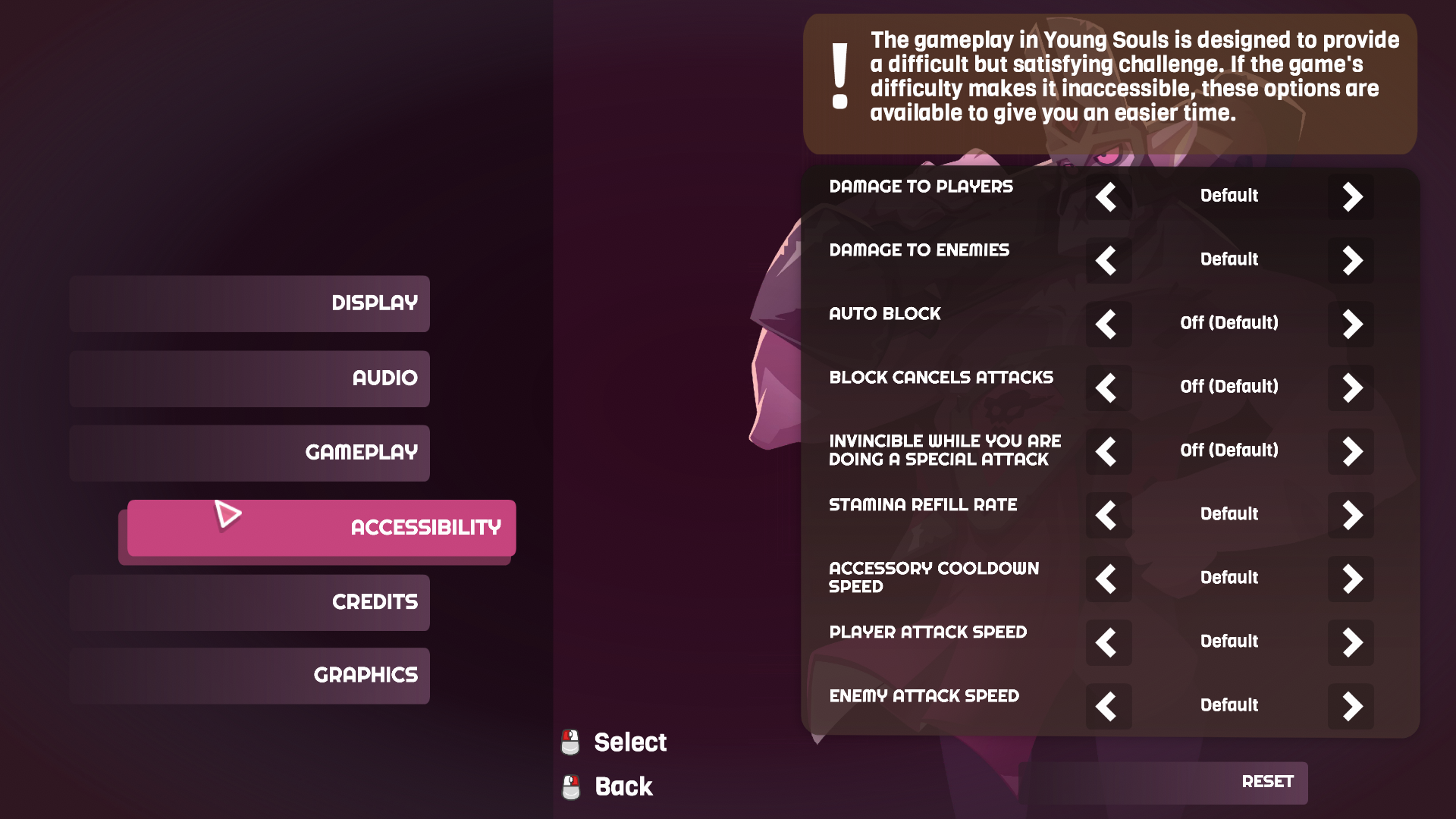 The game's accessability menu, which changes the various facets of gameplay to suit the player's needs