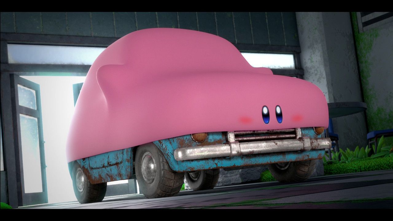 Kirby with his mouth completelycovering the top half od an old car.