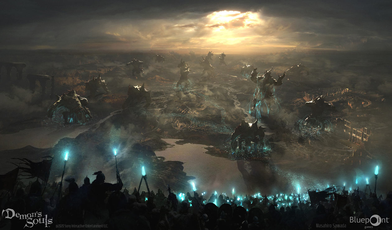 An army of solider going to war in the opening narrations, with giants in the backdrophaving their souls removed.