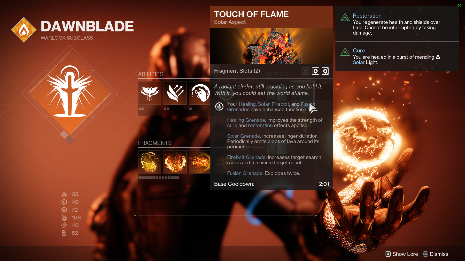 The Solar 3.0 screen for Warlocks, showcaseing one of the aspects that augment their abilities