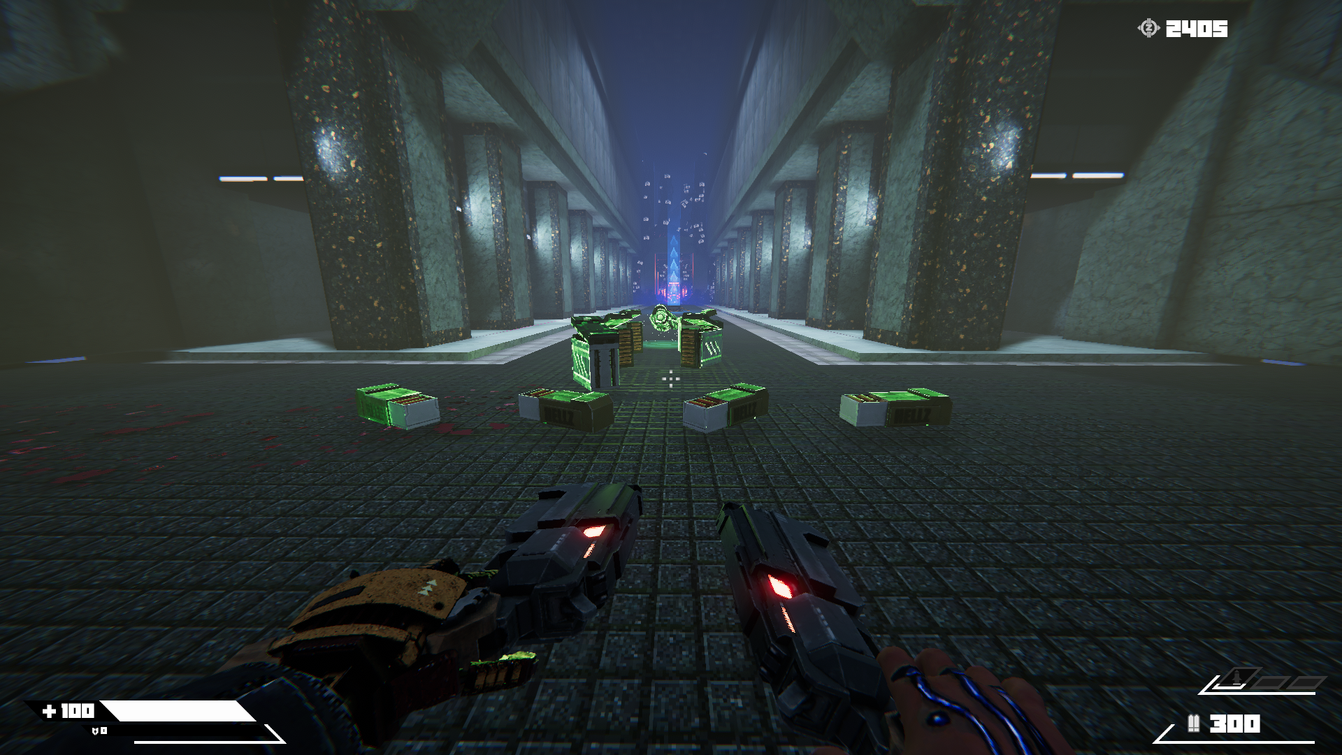 The player loking at a pile of ammo at the entrance of a new room