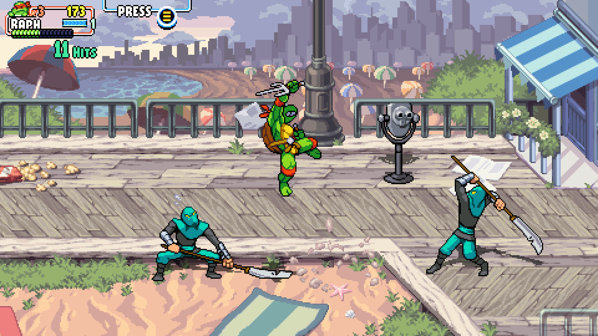 Raphael doing an uppercut while being surrounded two Foot Clan ninjas