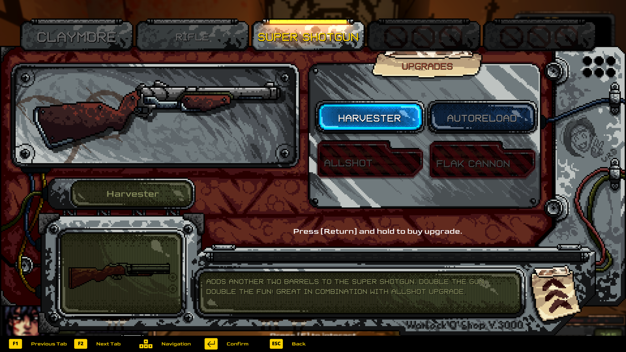 Project Warlock 2's upgrade screen, showcasing the options for shotgun upgrades.