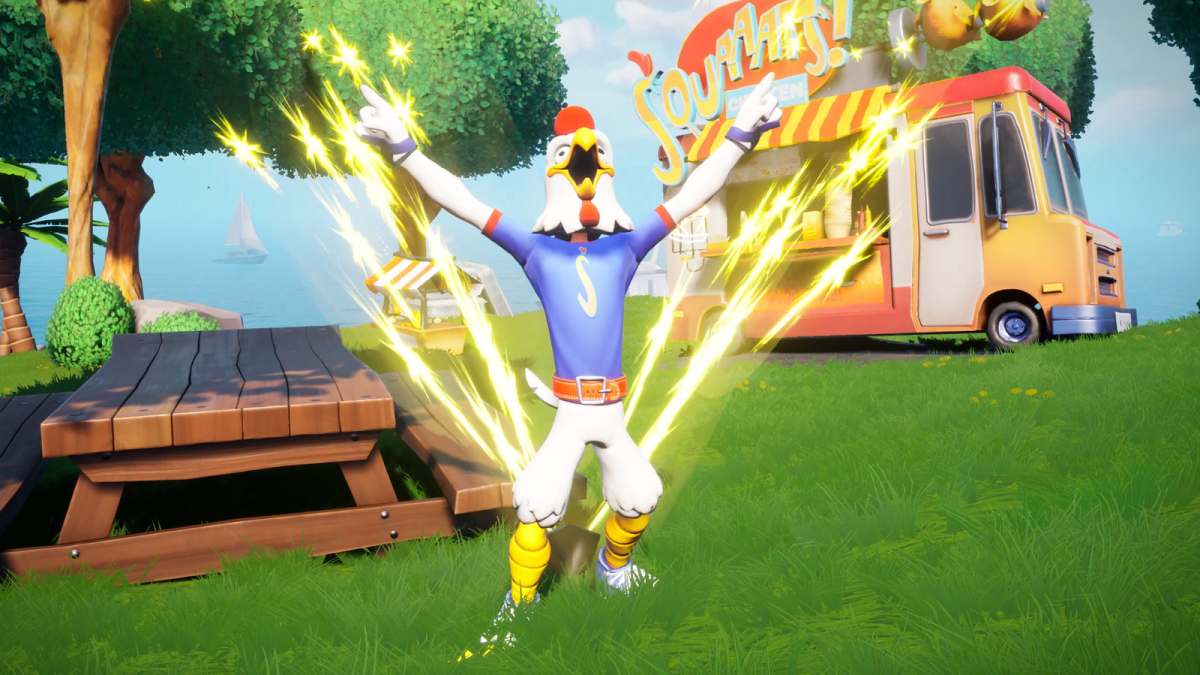 A player showcasing one of the game's taunt animations while wearing a rooster mask.