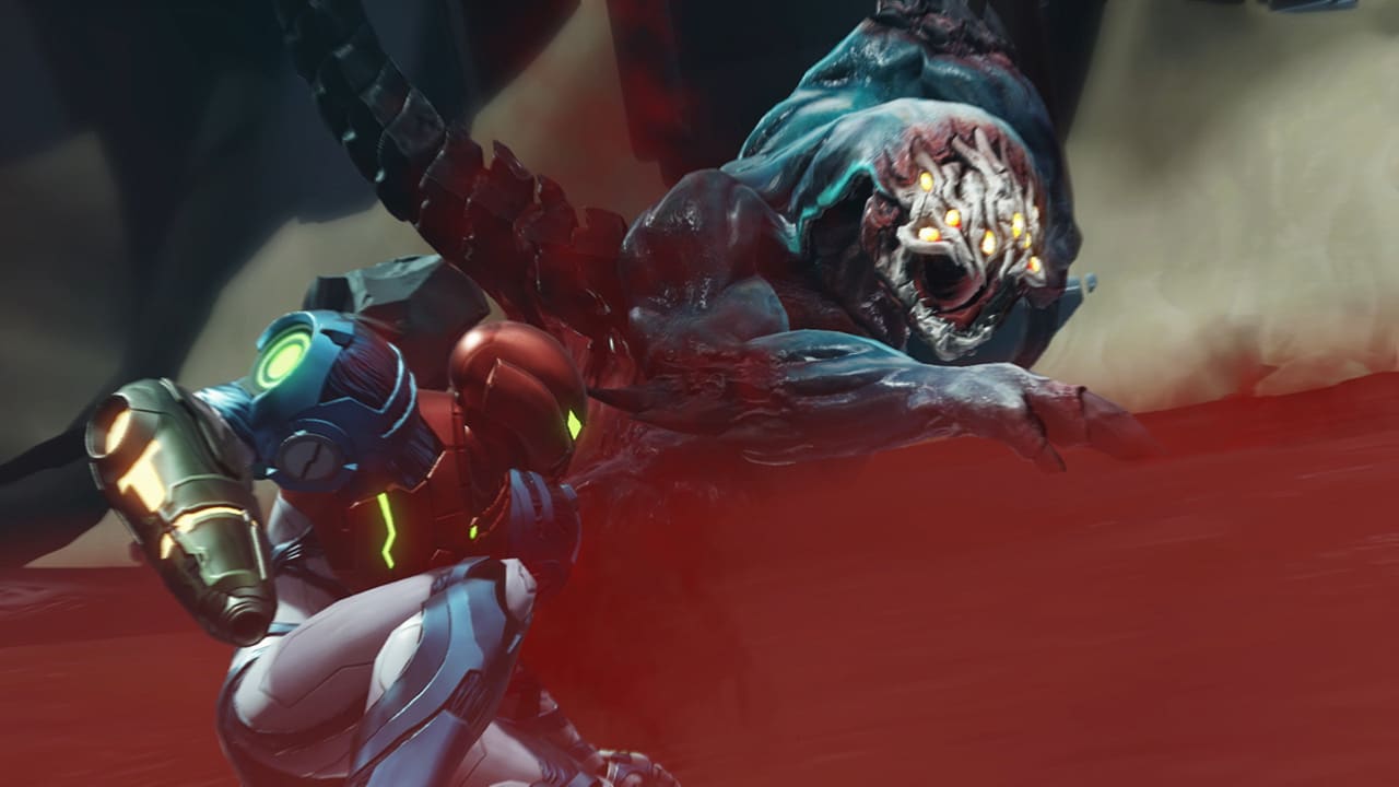 Samus fighting a Monster in Metroid Dread
