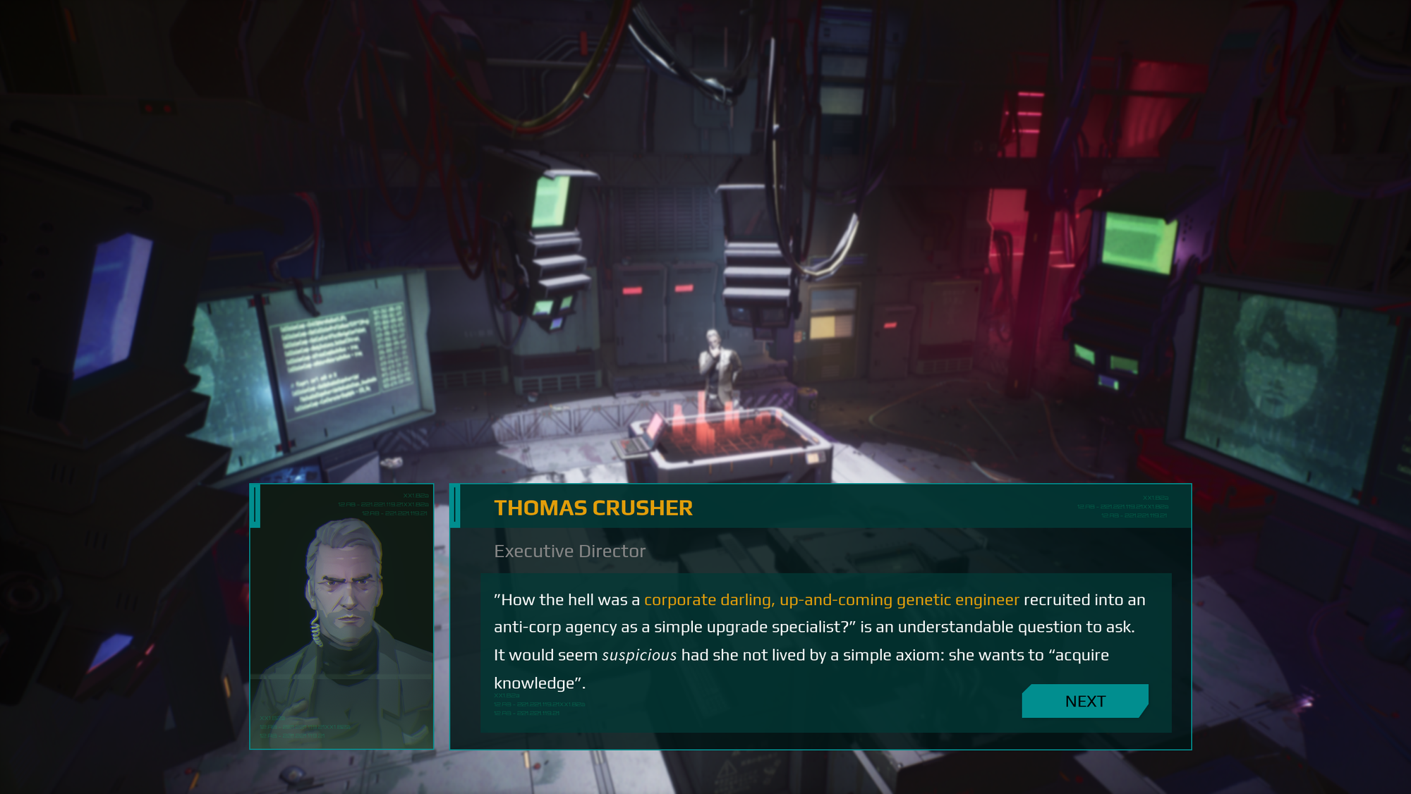 In-game screen shot of Thomas Crusher, CAS Director and your boss