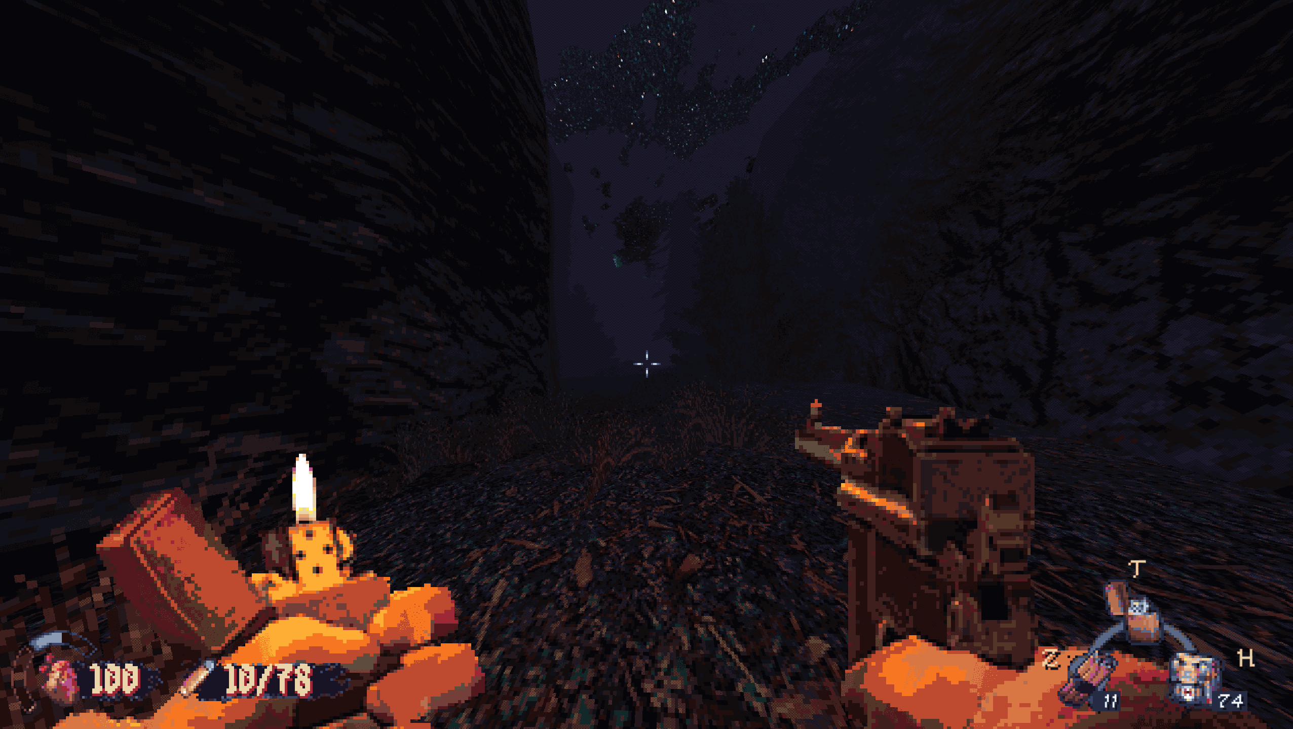 The player in a dark forest wielding a pistol and using a lighter as a light source