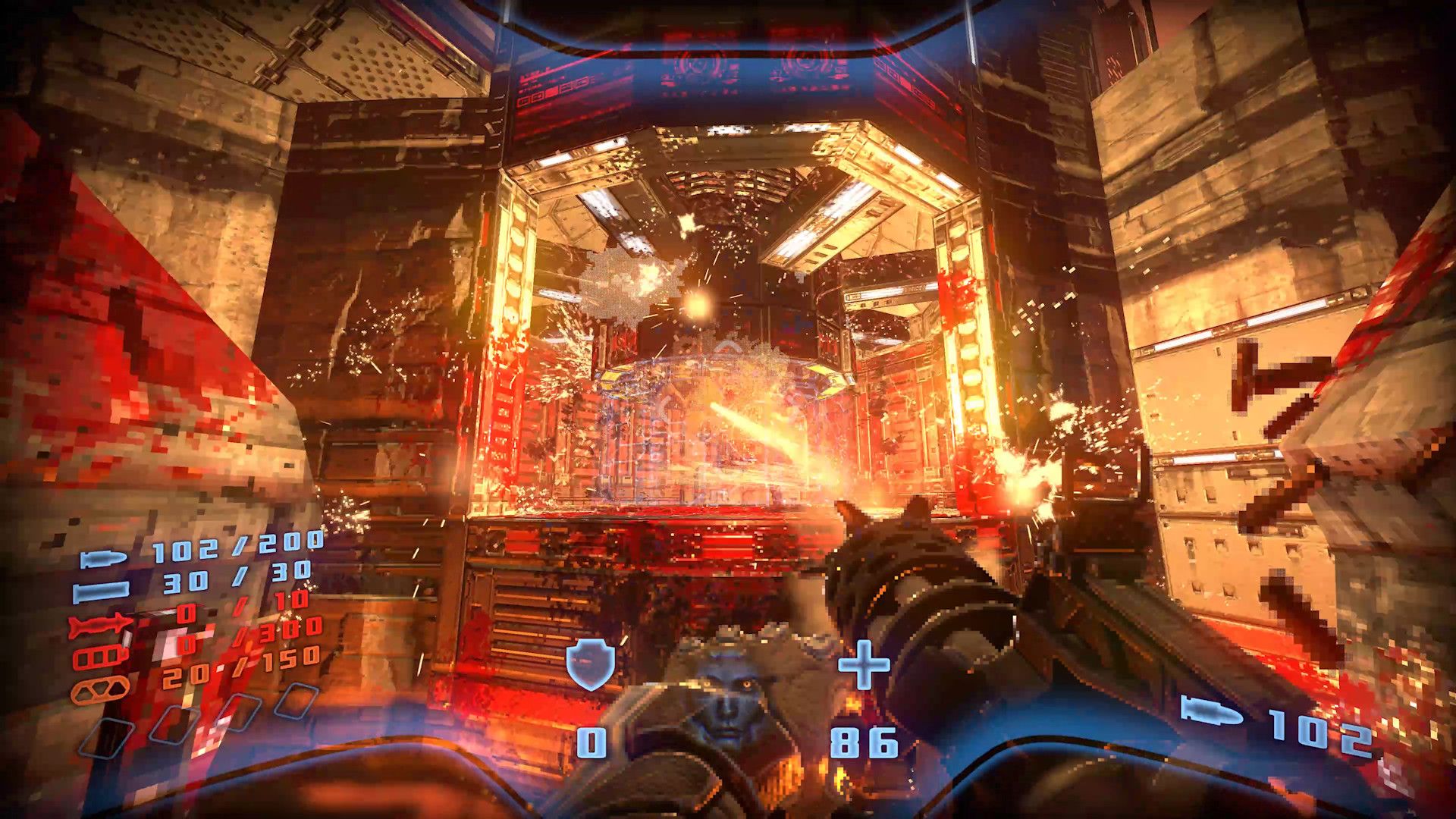 The player firing a minigun at a demonic core