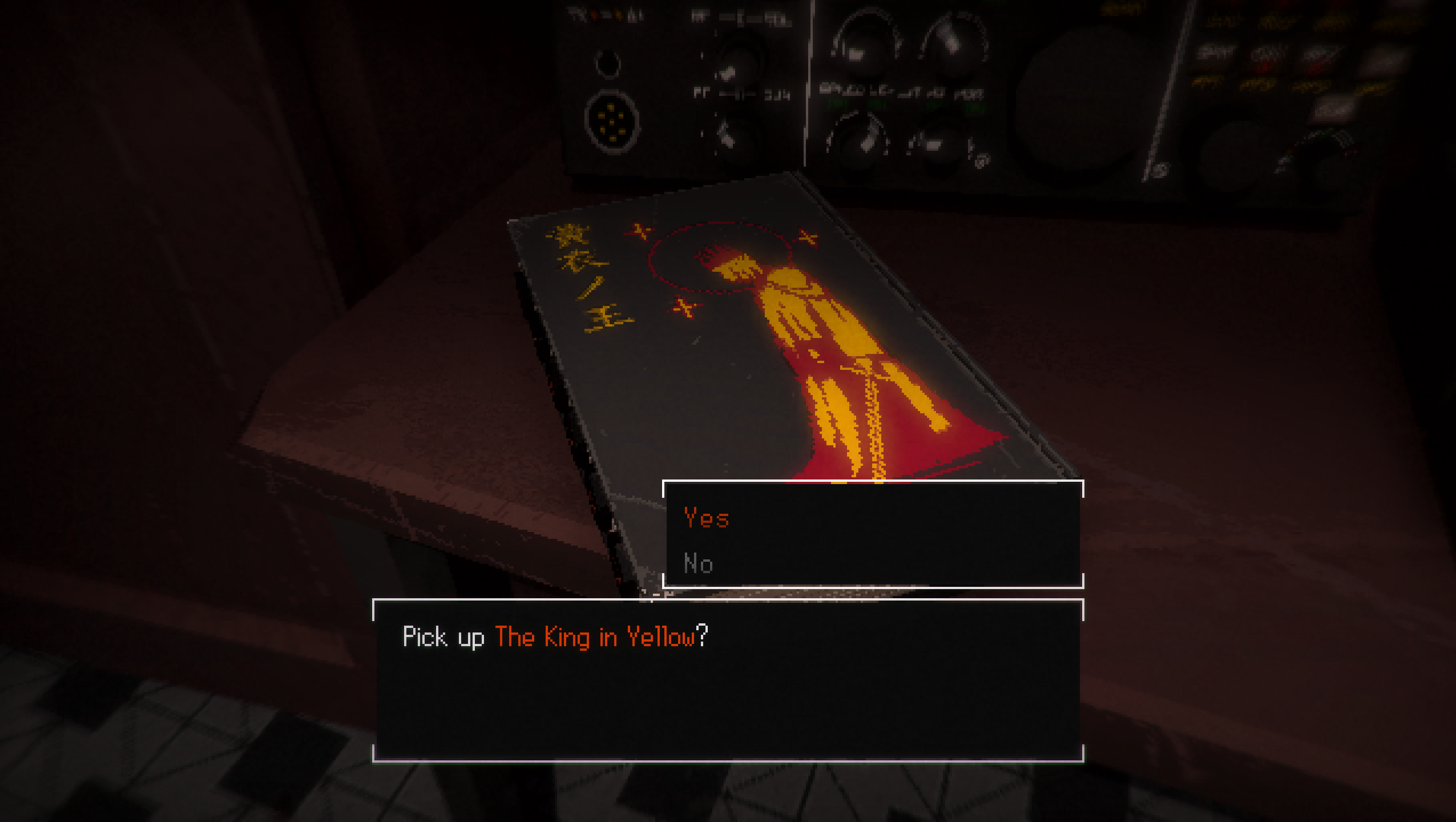 A text prompt of the game asking the player if they want to pick up a copy of H.P. Lovecraft's The King in Yellow