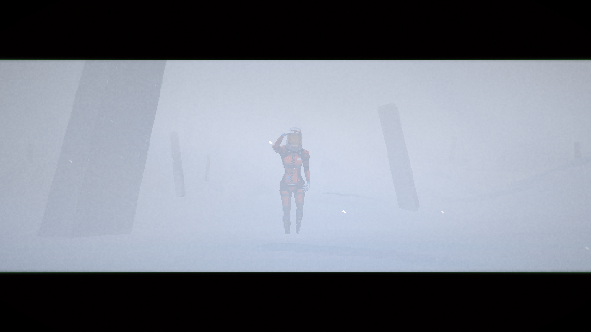 Screenshot of Elster in a space suit walking through the snow filled alien environment