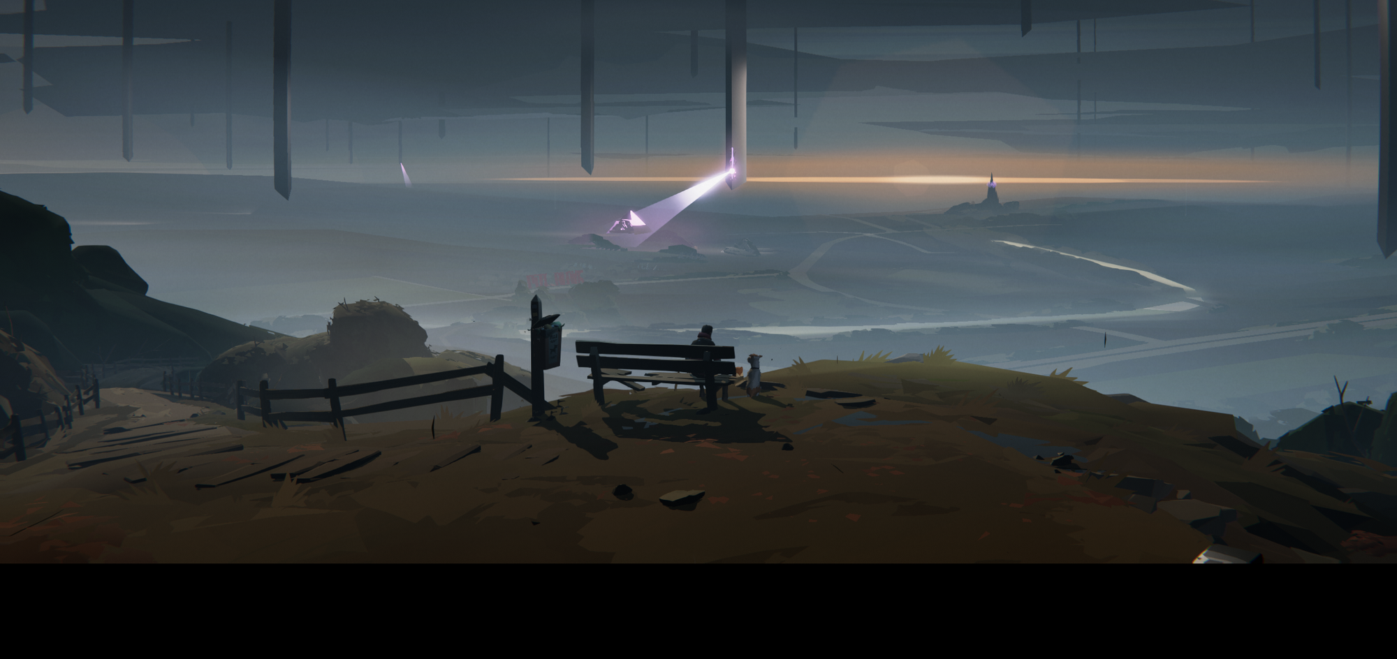 Screenshot of the player character and his dog overlooking a view with skies populated with alien ships