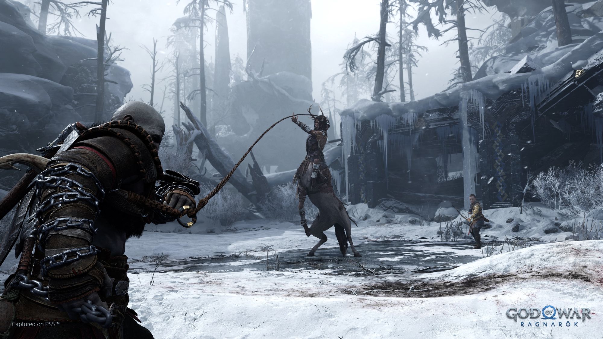 In-game capture of kratos and Atreus fighting the centaur like Huntress