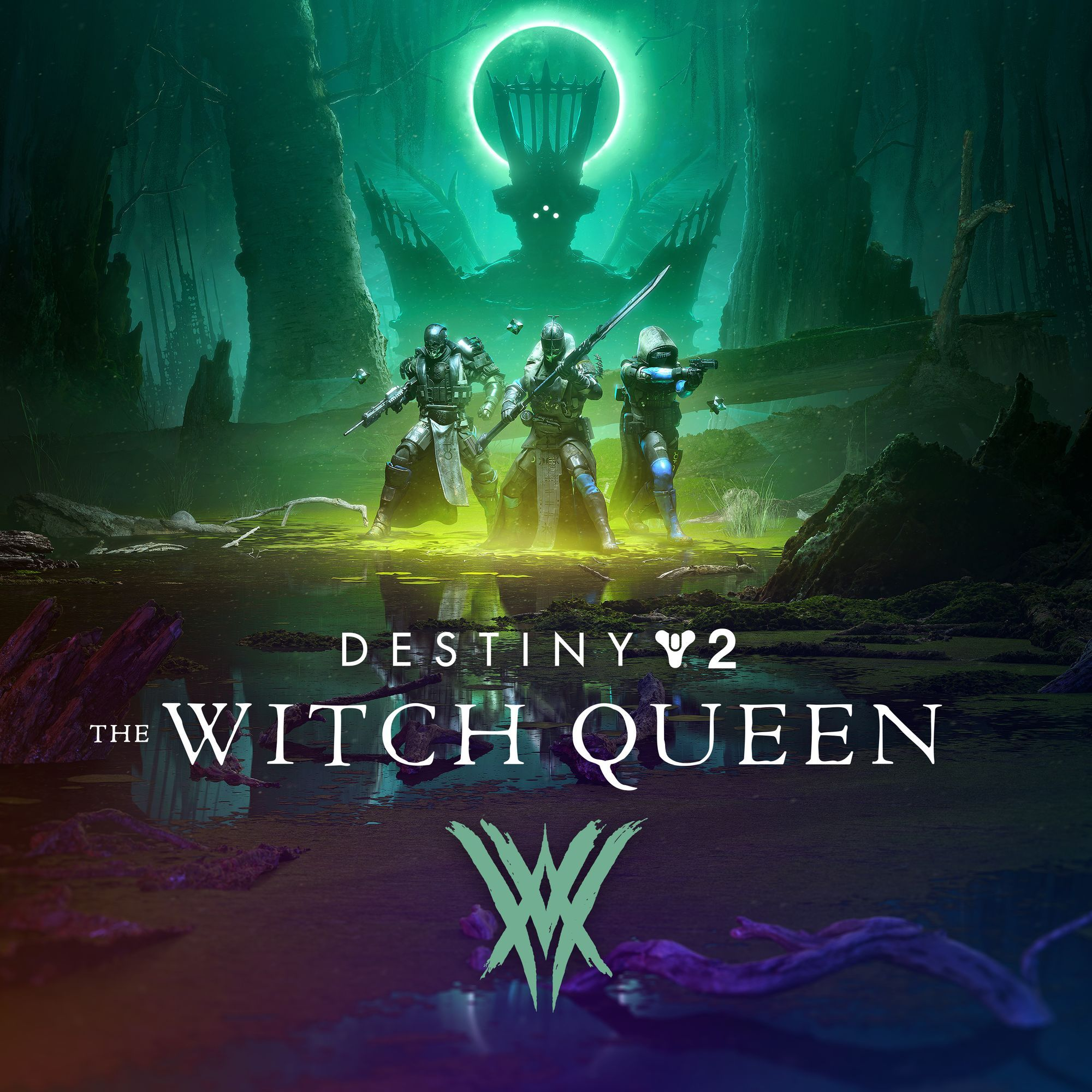 Key Art of The Witch Queen Expansion of Destiny 2, showcasing a fireteam of Guardians and Savathun in the background