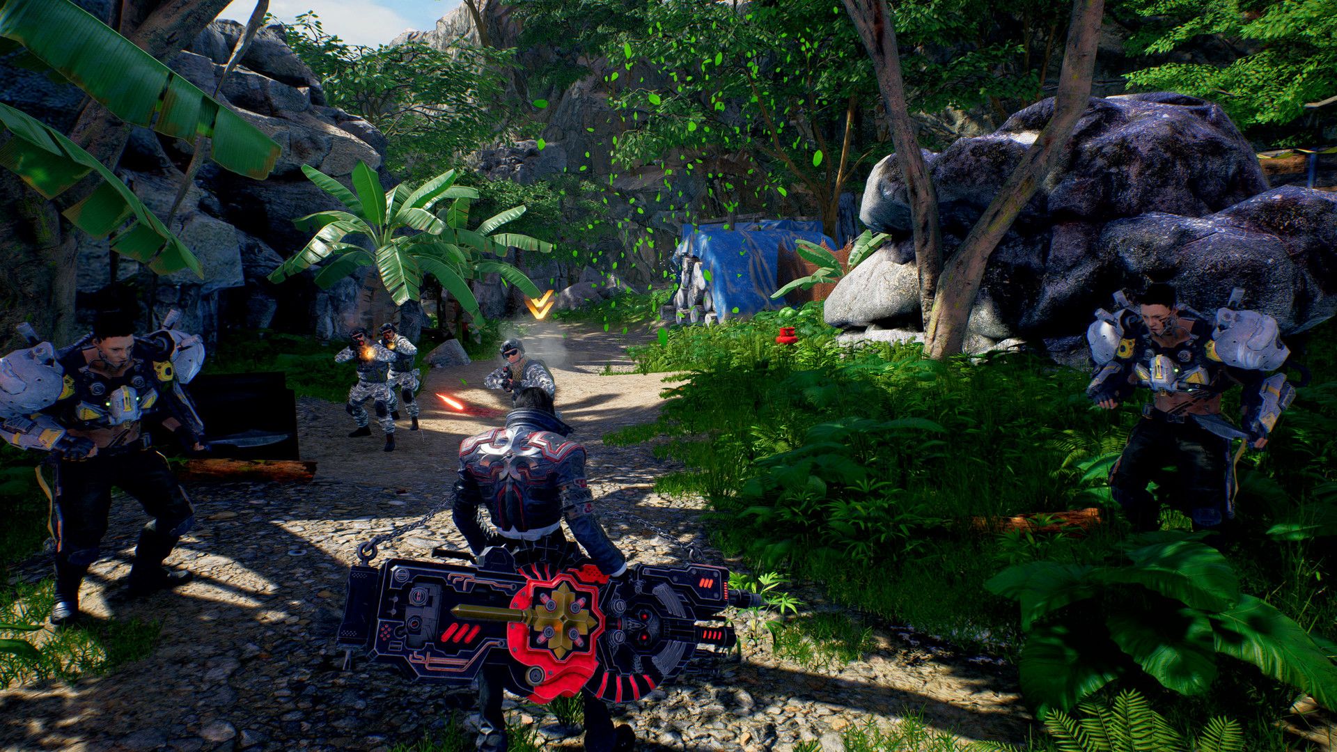 The player Character Grave, surrounded by enemies in a Jungle