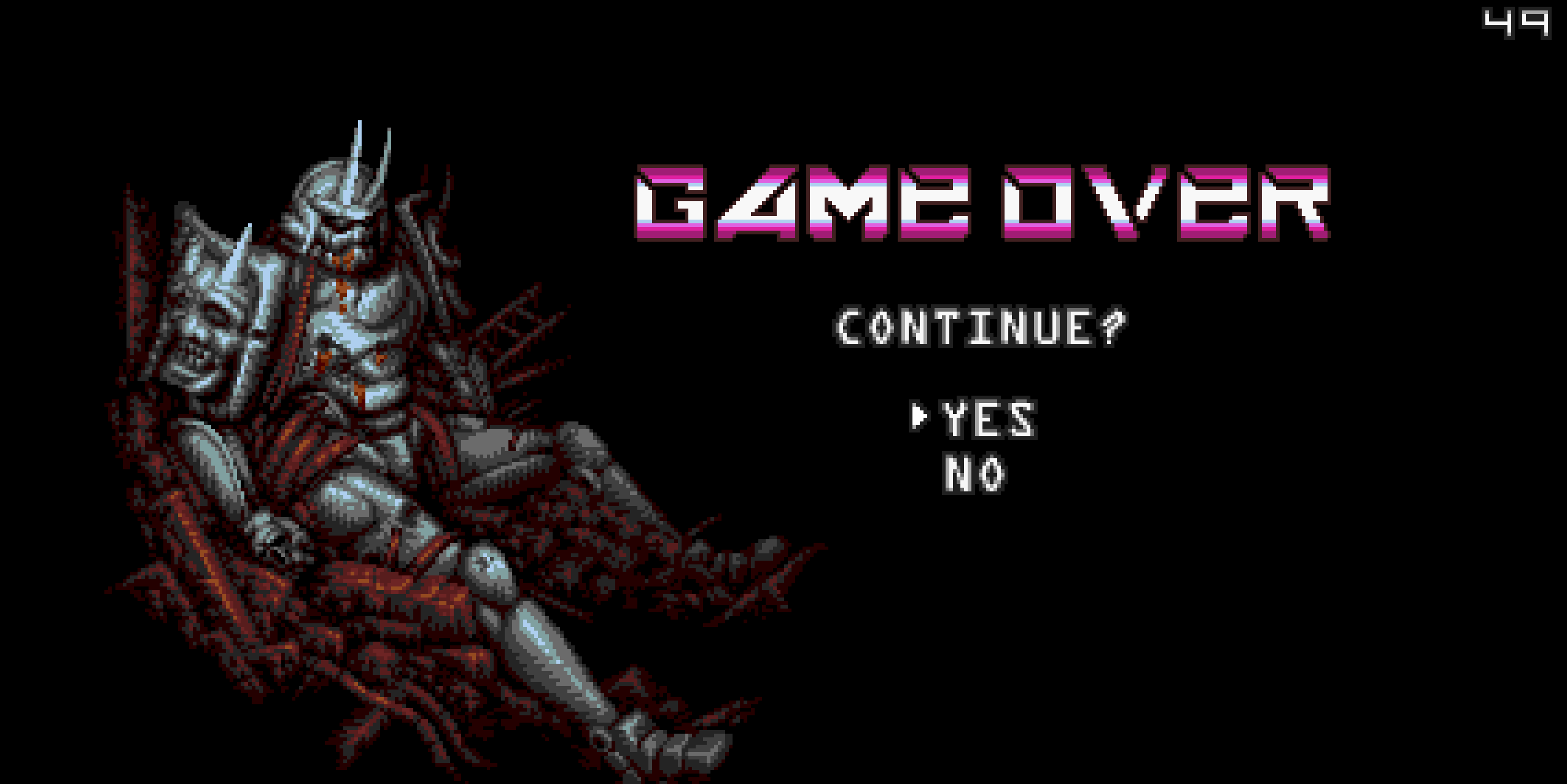 The game over screen, with a hunched over Moonrider in defeat.