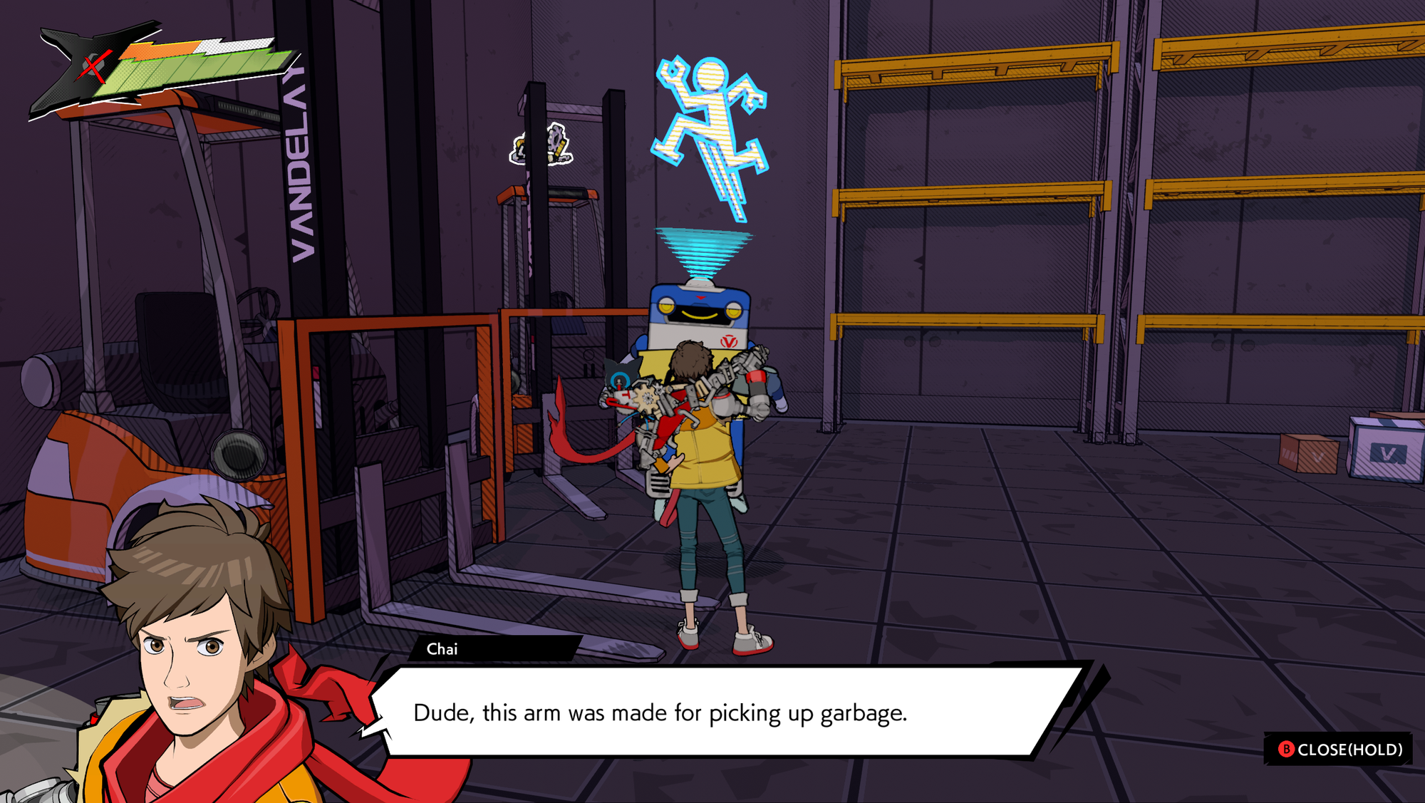 The player character Chai talking to the hint bot.