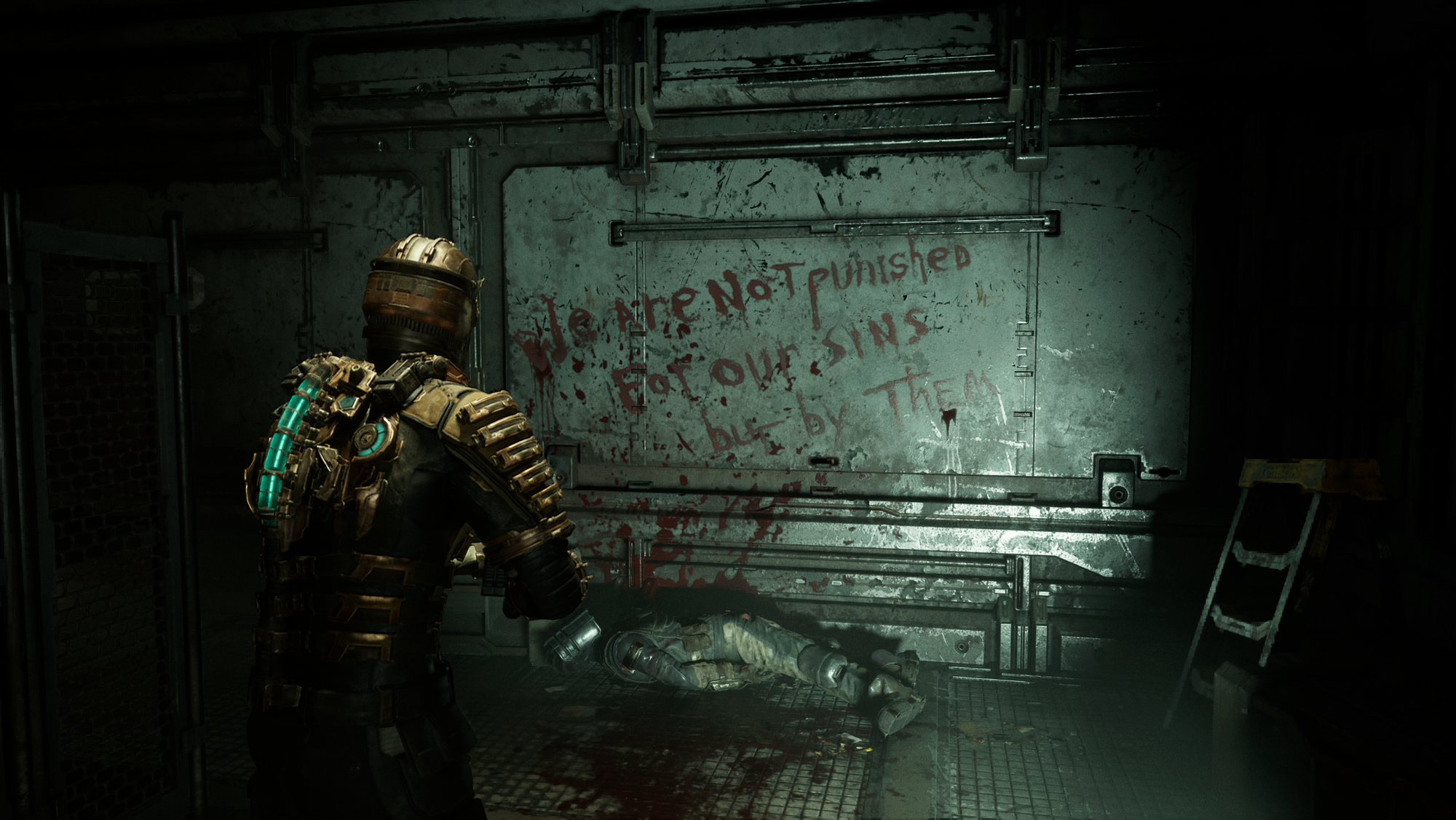 In-game screenshot of Isaac finding a grisly scene of a dead body and bloody writing on the wall