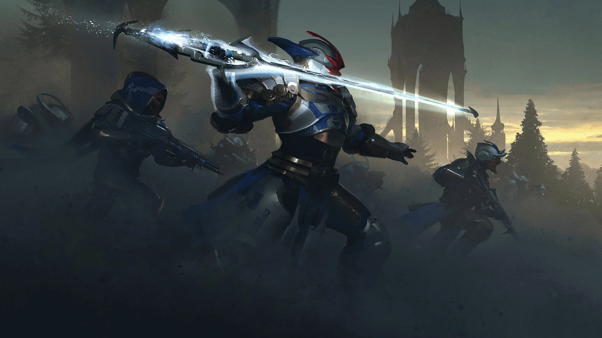 A group of Guardians and Cabal Psions charging into Battle. With a Titan using a Synaptic Spear
