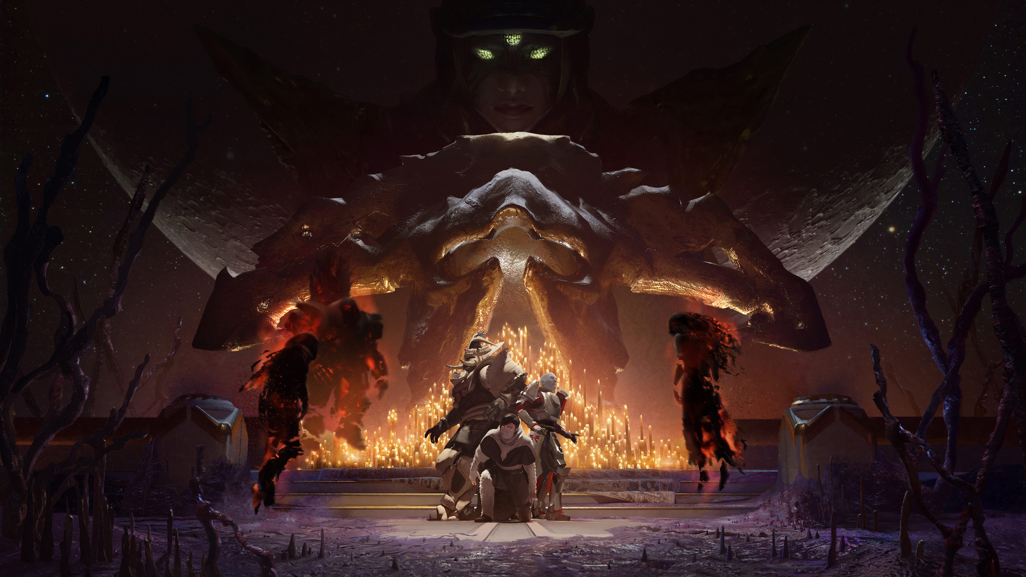 Crow, Caiatl and Zavala surrounded by their Nightmares. With the Crown of Sorrows and Eris Morn in the background
