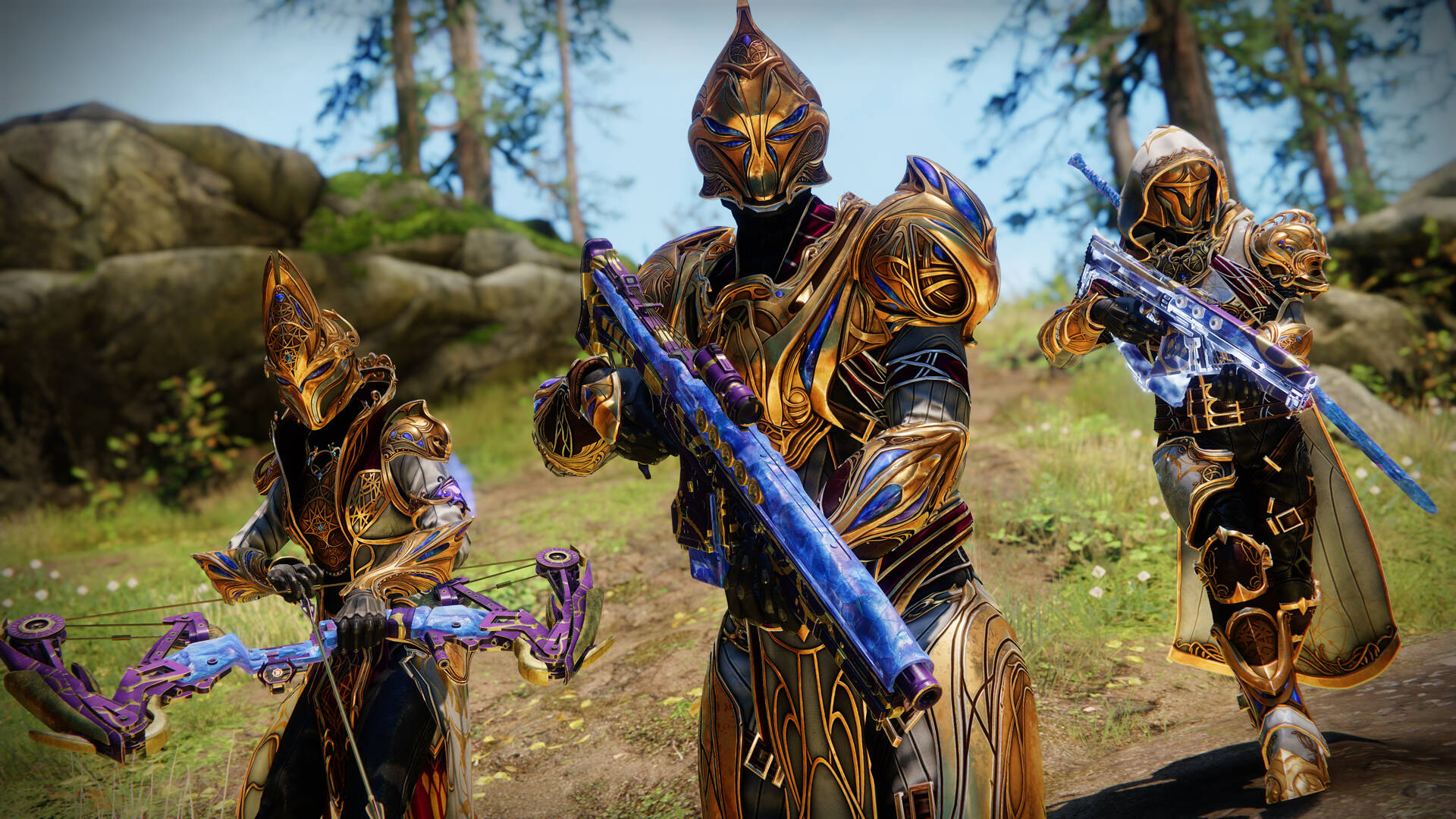 A fire team of guardians decked out in seasonal gear and this season's premium ornaments