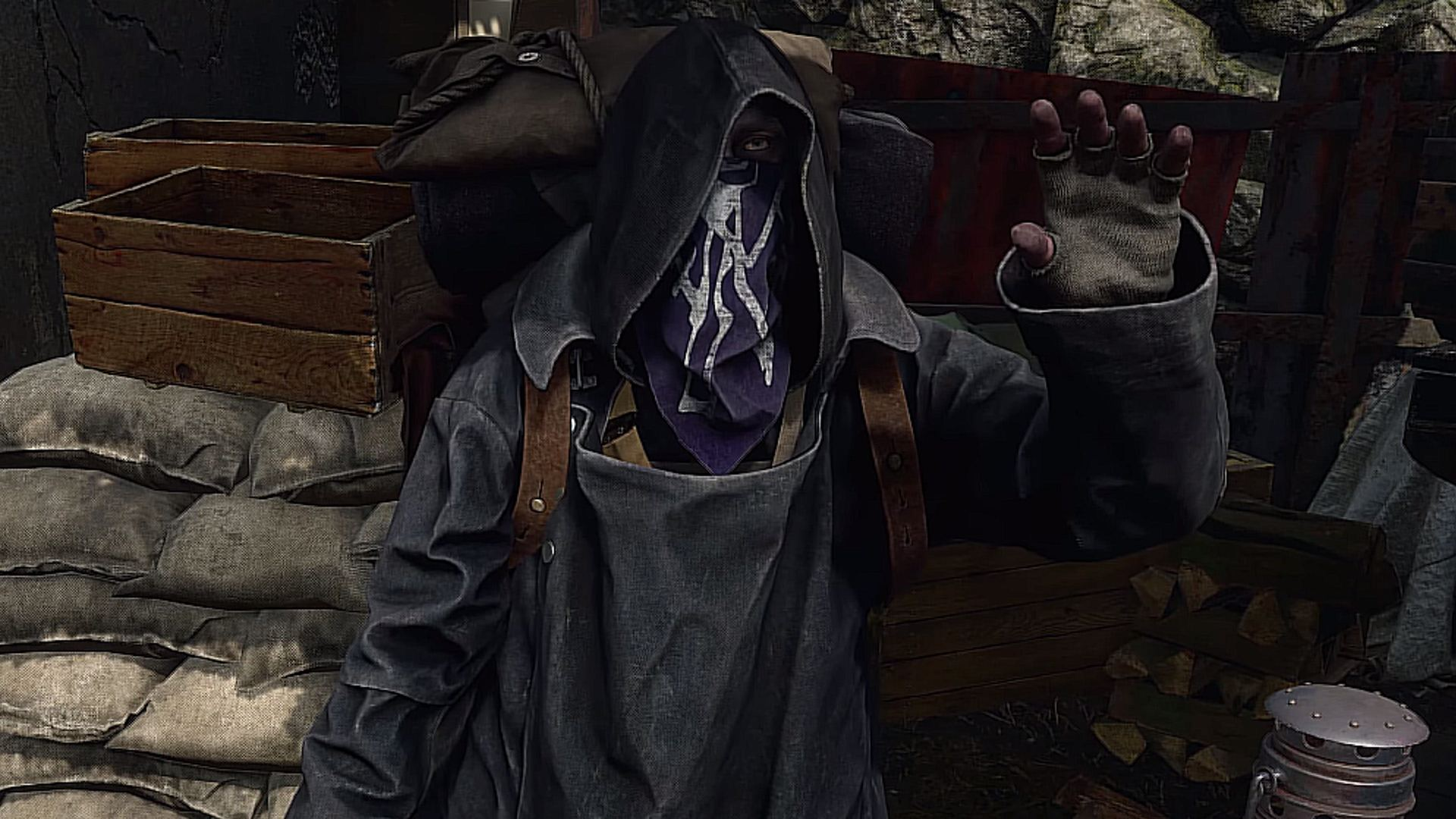 In-game screenshot of a merchant wearing a black overcoat and hood, brown backpack and purple and white bandana covering his face and raising a hand