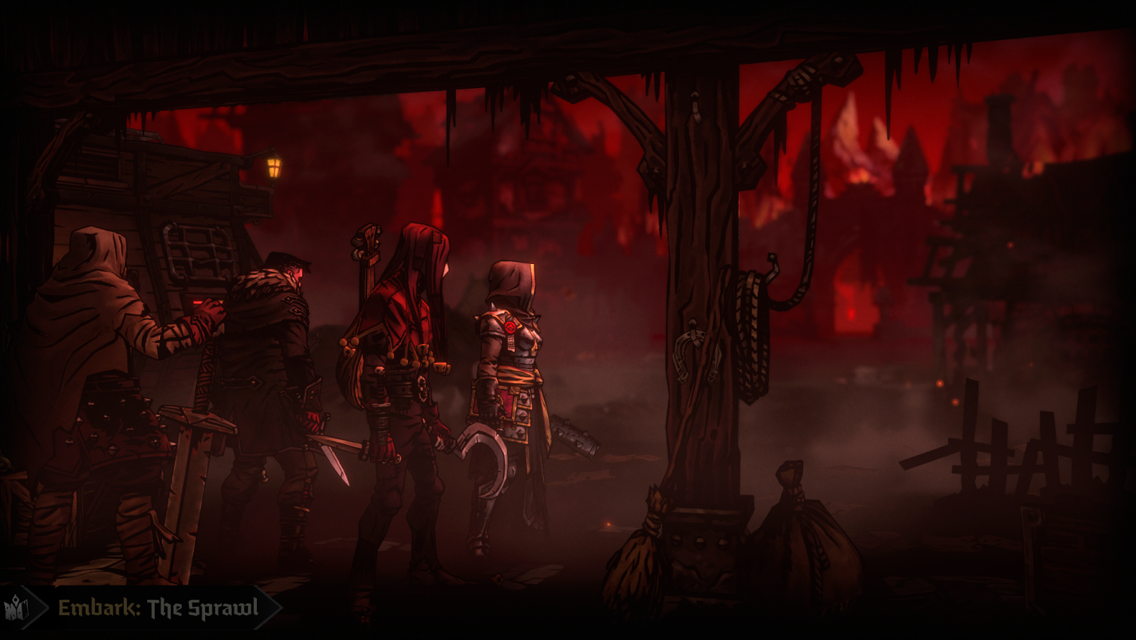 The party staring down the Sprawl, one of the main locations in Darkest Dungeon 2