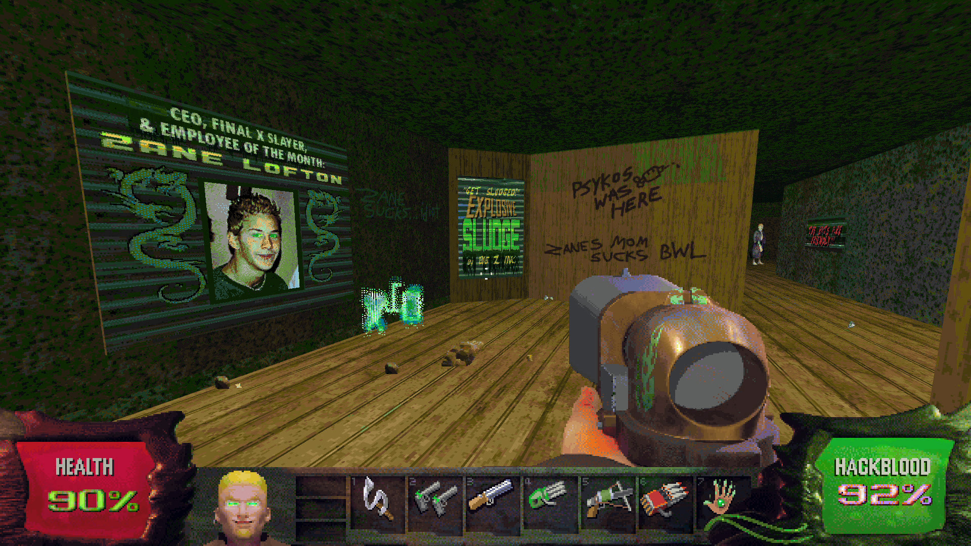 An image of the player holding a shotgunwhile looking at the wall of graffiti and a mural of themselves