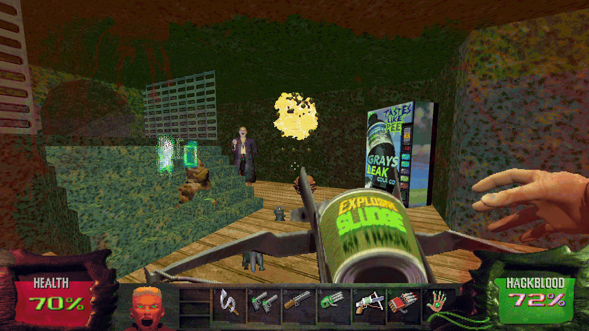 The player as Zane fighting an enemy with the Explosive Sludge Launcher, a chemical crossbow