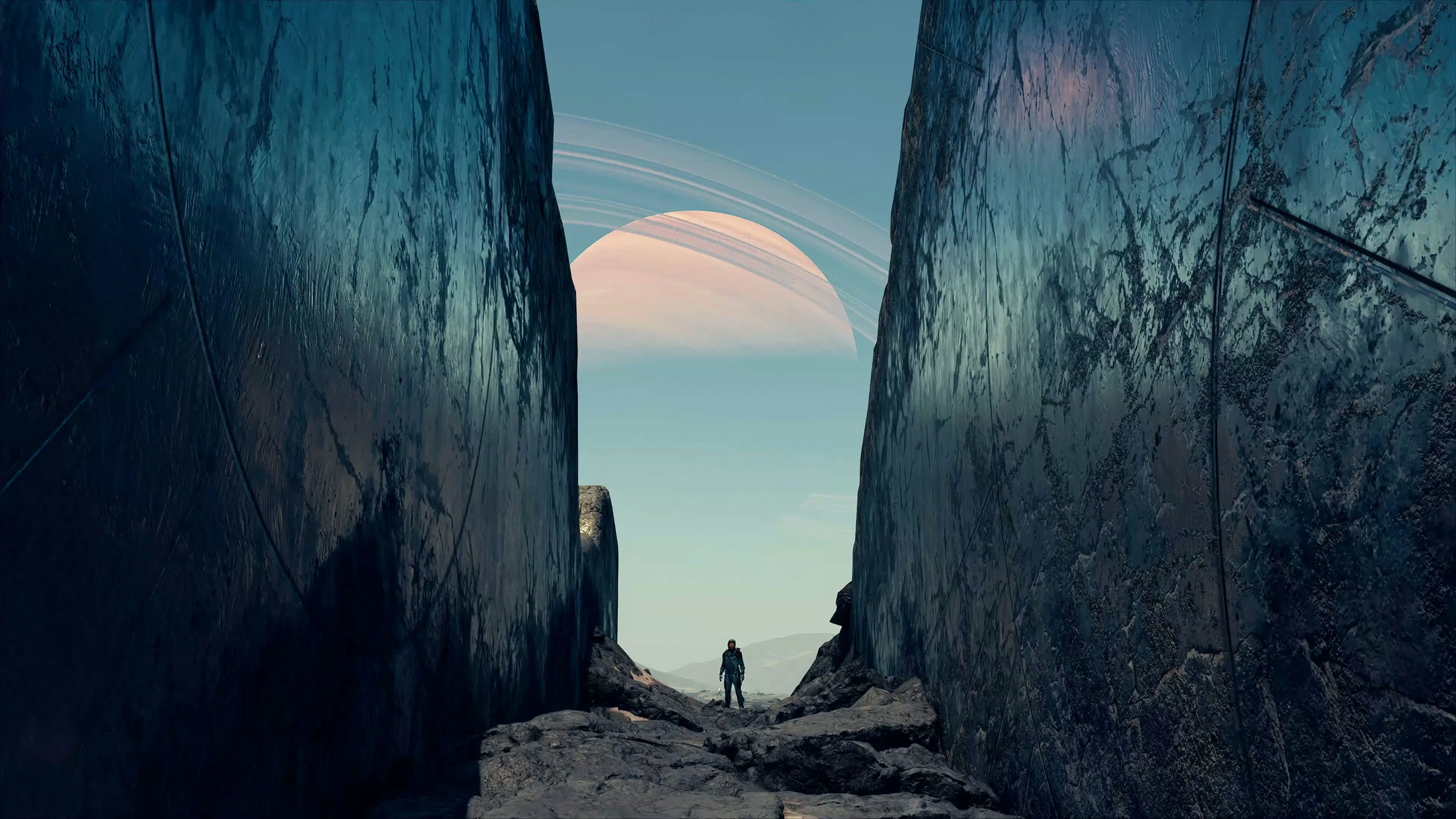 A spce explorer looking at an orbiting planet while stood in a canyon