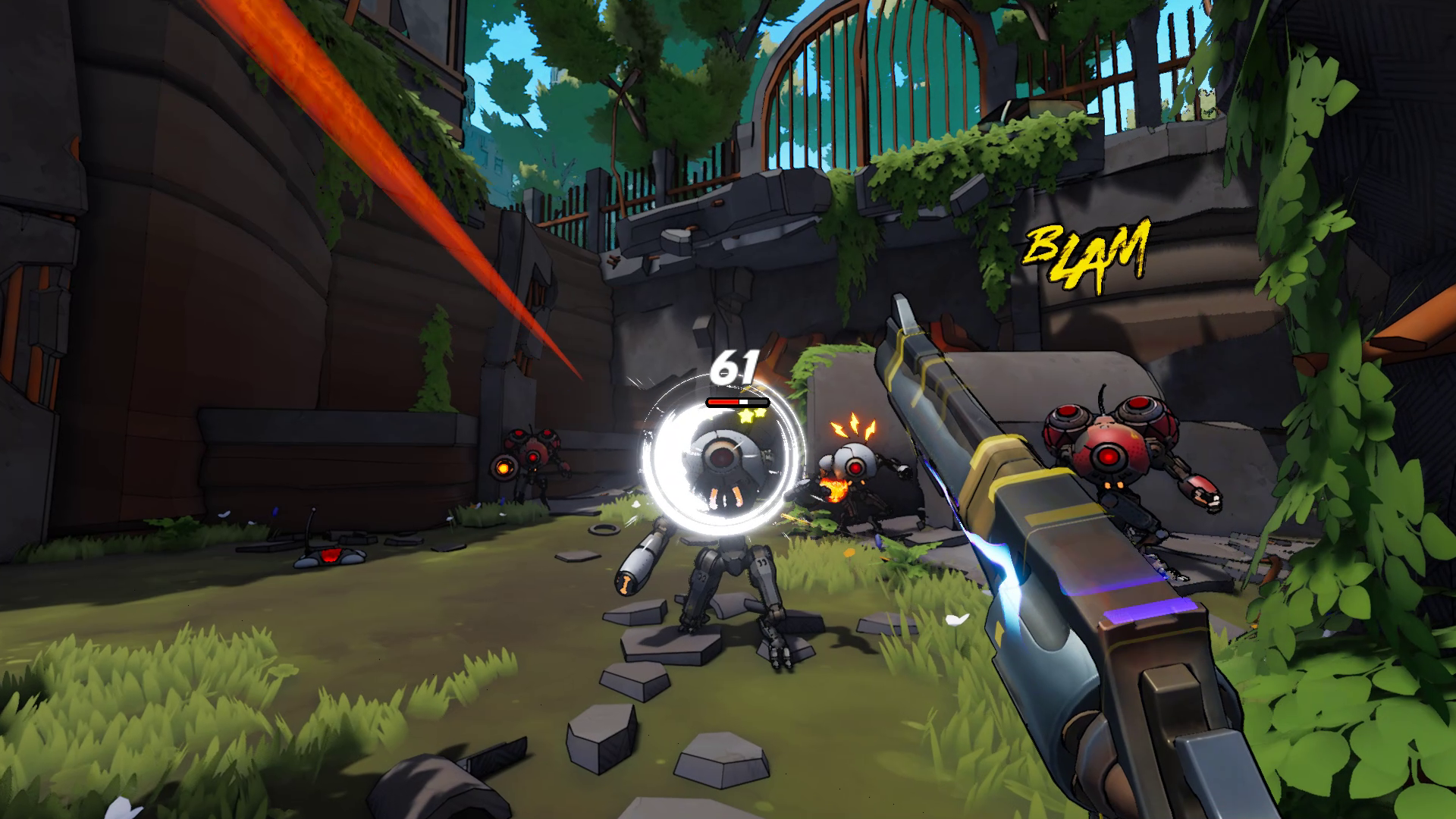 Screenshot of a player firing a revolver at an enemy robot