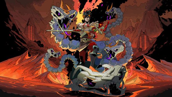 Main promotional art of protagonist Zagreus, brandishing a sword and standing atop a head of the Lernean bone Hydra